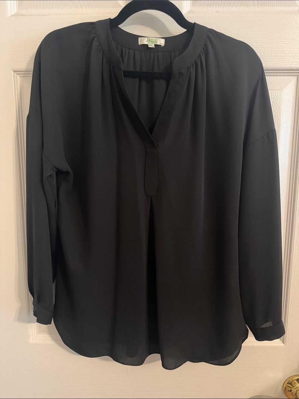 Jade Melody Tam Black Split-Neck Long-Sleeve Black Blouse Sz XS